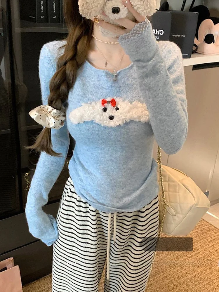 

Korean Sle round Ne Long Sve Knitted Top Women's ort Design Sense Base irt Inner Wear Blue Embroidery Autumn Faion