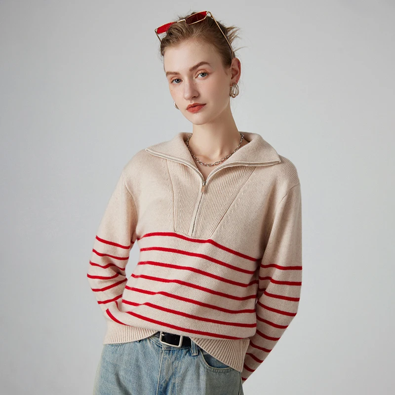 High-End 2023 Autumn Winter Women\'s Thicken Loose 100% Pure Cashmere Sweater Female Stripe Knitted Pullover Girl Clothes Tops