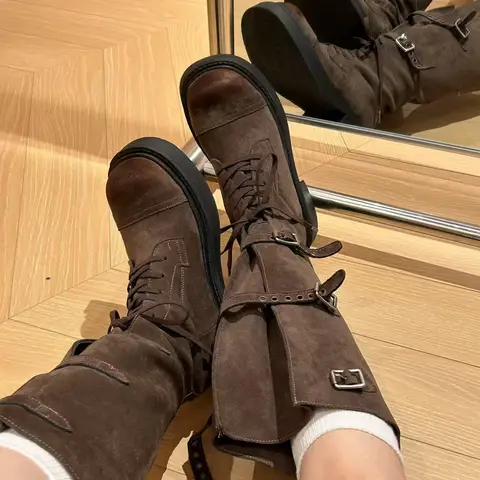 2026 Autumn/Winter Boots Women's Chunky Heel Brown Western Cowboy Boots Lace Up Height-Boosting Female Knee Riding Boots Shoes