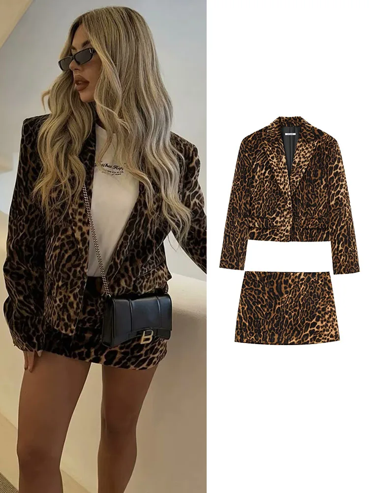 TRAF 2024 Autumn Women Leopard Print Velvet Blazer Skirt Suit Fashion Notched Pockets Cropped Jackets Side Zipper Mini Skirt