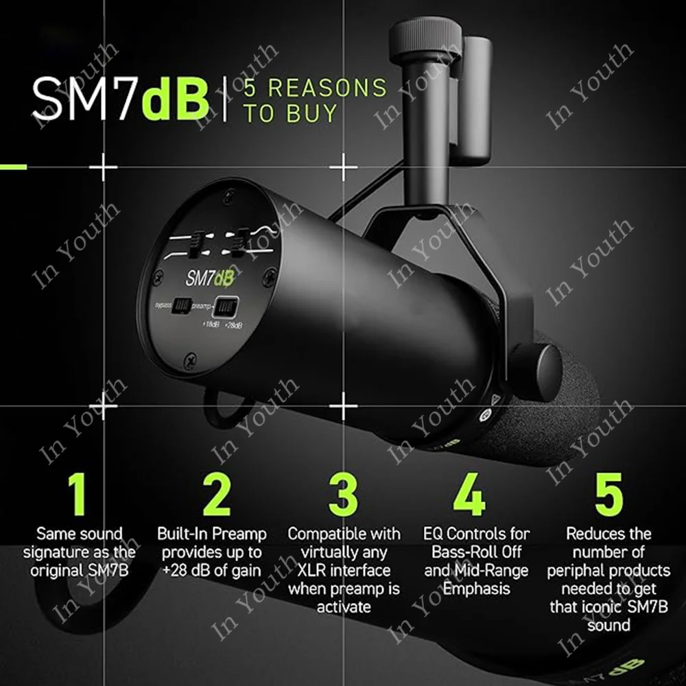 SM7dB Cardioid Dynamic Vocal Microphone with Built-In Preamp for Studio Broadcasting Podcasting Streaming Micrfono SM7B