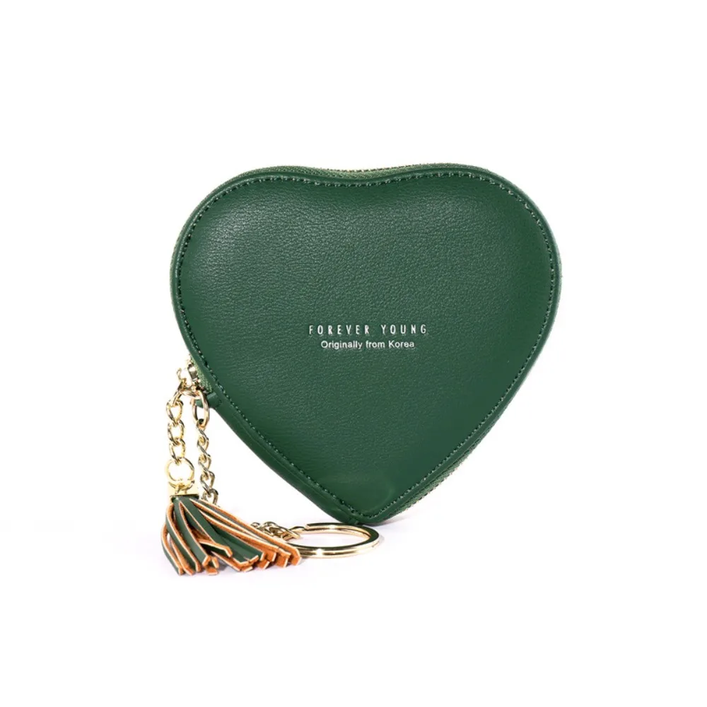 

Simple Zipper Heart Shape Wallet PU Leather Key Ring Love Heart Coin Purse Tassels Mini Clutch Earphone Bag Ladies