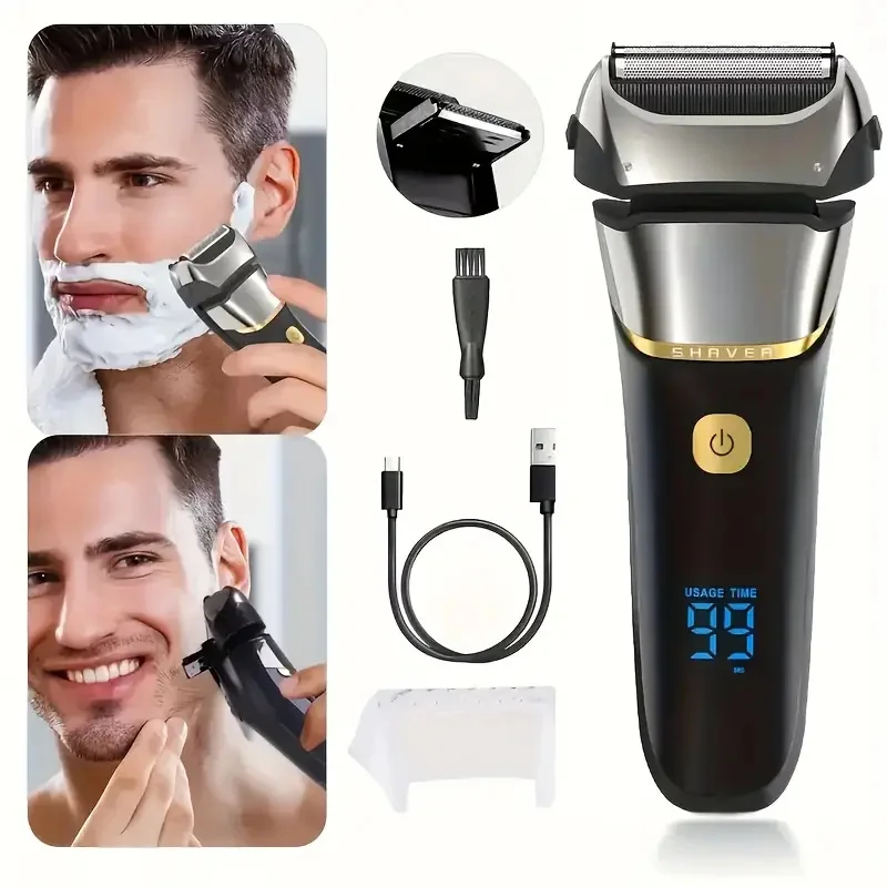 Men's Rechargeable Electric Shaver with Stainless Steel Blades USB Charging Waterproof LED Digital Display Facial Body Trimming