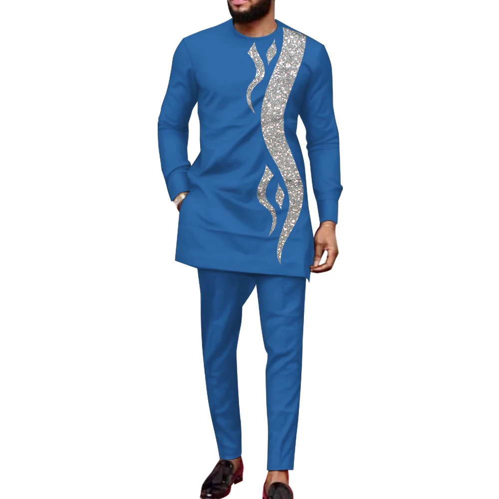 Bazin Riche African Clothes for Men 2 Pieces Set Long Sleeve Shirt and Trousers Dashiki Men Suits African Men Boubou Wyn1588