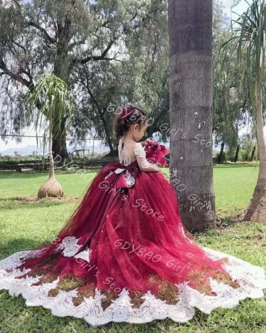 Vestidos de niña de flores con apliques, fajas, cuello redondo, mangas completas, vestido de desfile de princesa, vestido largo de fiesta para niños, primera comunión