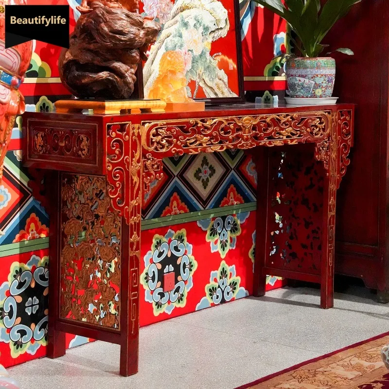 

Chinese Retro Elm Red Carved Altar Table Classical Antique Painted