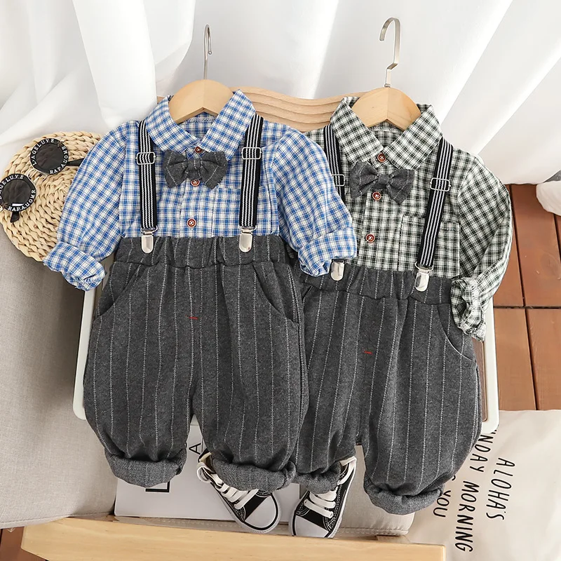 

Boys' Suspenders Overall Set with Long Sleeve Shirt 2-Piece Outfit Kids Formal Wear Birthday Party Suit School Uniform for Boys