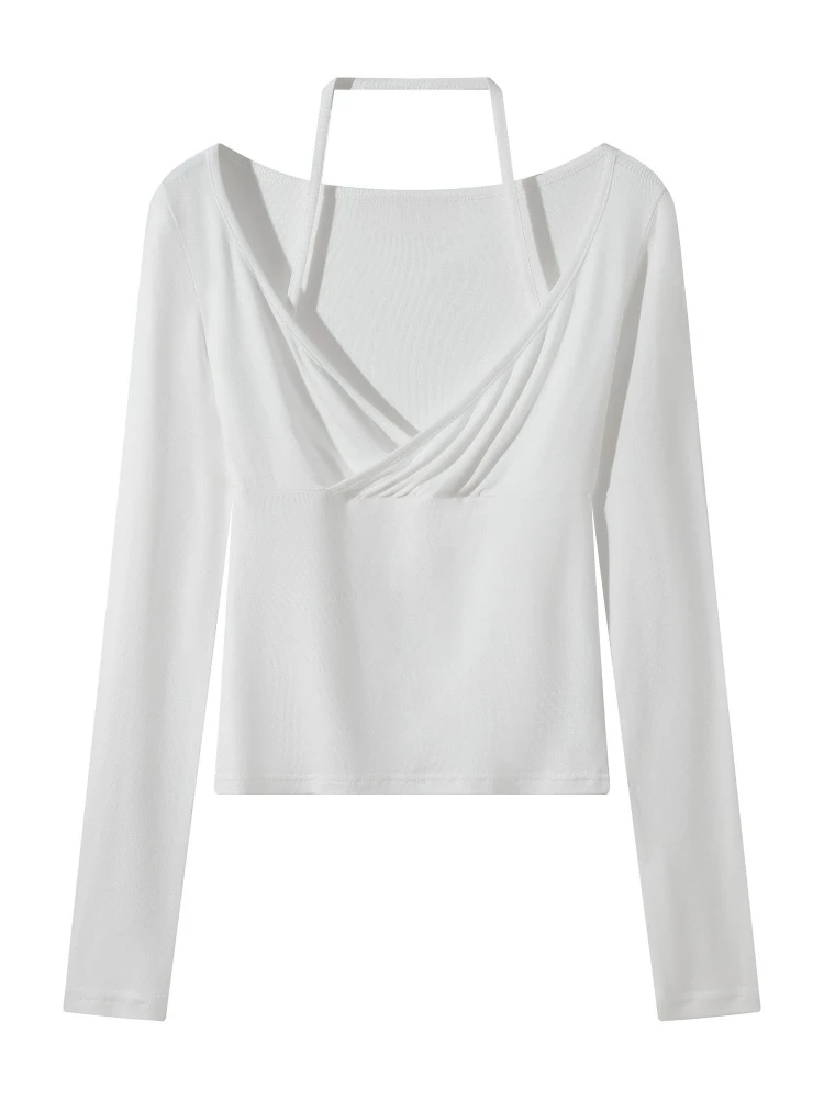 2026 Women's Autumn T-Shirt Korean Style Halter V Neck Wrap Ruched Long Sleeve Tee Slim Fit Casual Versatile Layering Knit Tops