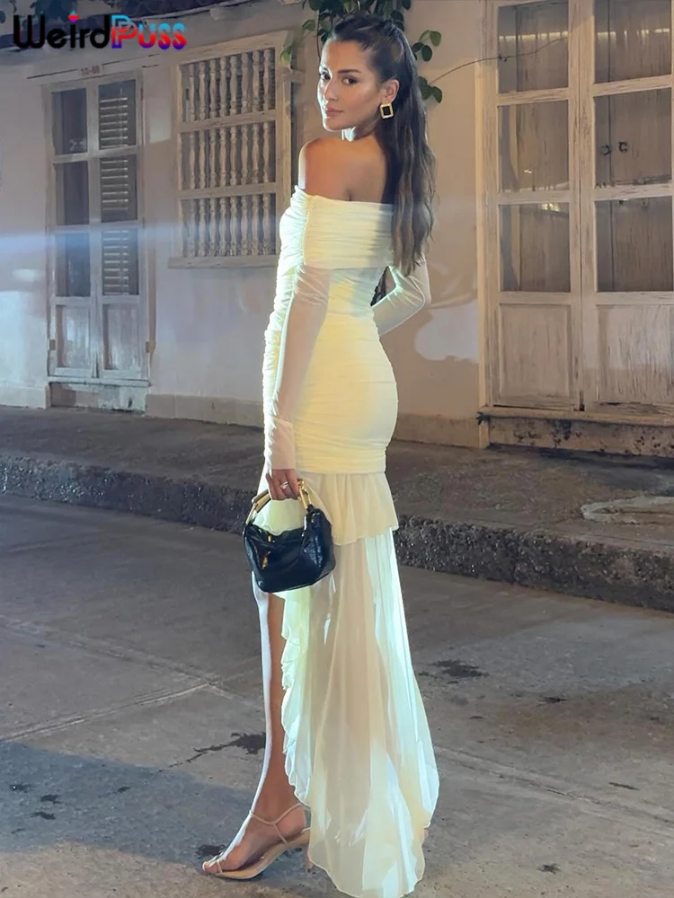 Strano gatto elegante abito sexy abito da donna slash neck orlo irregolare nappa laterale festa di compleanno manica intera increspato mini aderente