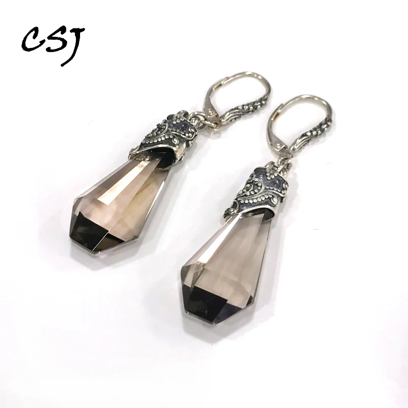 

CSJ Big Stone Natural Smoky Quartz Earrings Sterling 925 Silver Gemstone 14*26mm for Women Birthday Party Trendy Jewelry Gift