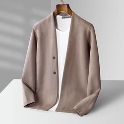 2024 New Spring Autumn Business Leisure Men's Cardigan, Knitted Coat, Pure Woolen Sweater, V-Neck High End Jacket Korean Version