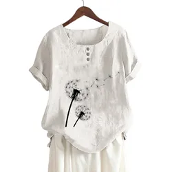 Women's Button Down Short Sleeve Shirt Cotton Linen Blend Floral Print Round Neck Tee Plus Size Women Blouse For Women