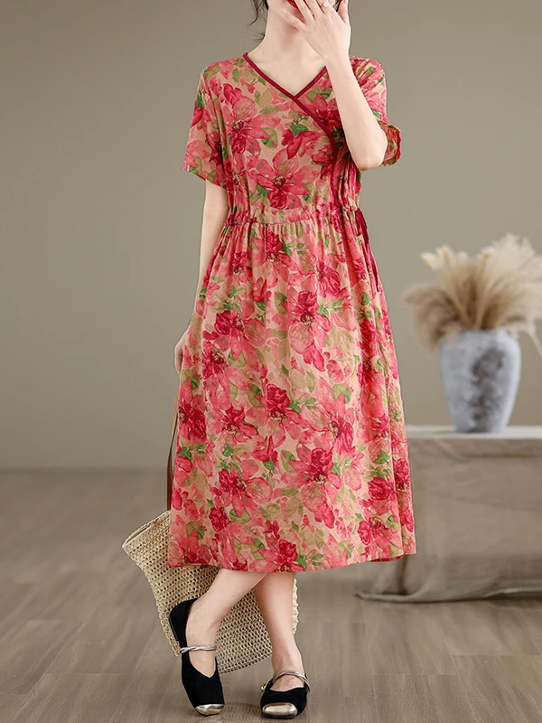 

Japanese Ethnic Print Cotton Linen Women's Dr Waist Cinched Slimming Linen Mid-Length Skirt V-Ne ort Sve Summer Dr