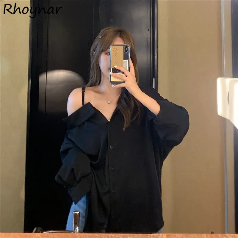 Long Sleeve Shirts Women Off Shoulders Skew Collar Asymmetrical Streetwear Solid Simple Stylish Leisure Sexy Trendy Korean Style