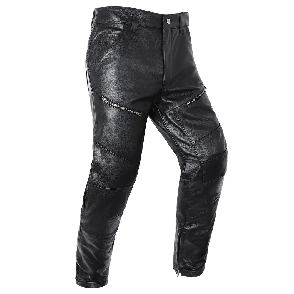 Pantalon de moto en cuir de vachette véritable pour hommes, pantalon mince de motard de haute qualité, peut installer des protecteurs de genou, fjFor Man