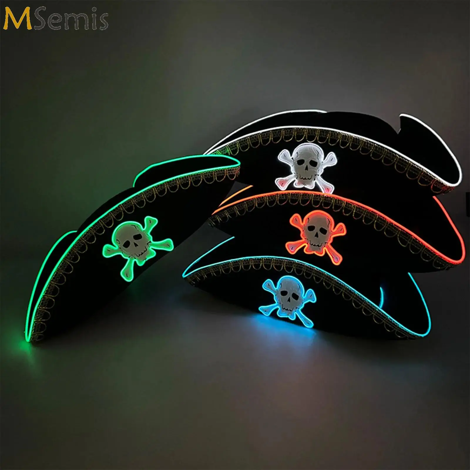 Newstyle Captain Hat Halloween Masquerade Pirate Theme Party Cosplay Captain Costumes Accessories Light Up Skull Pattern Hat