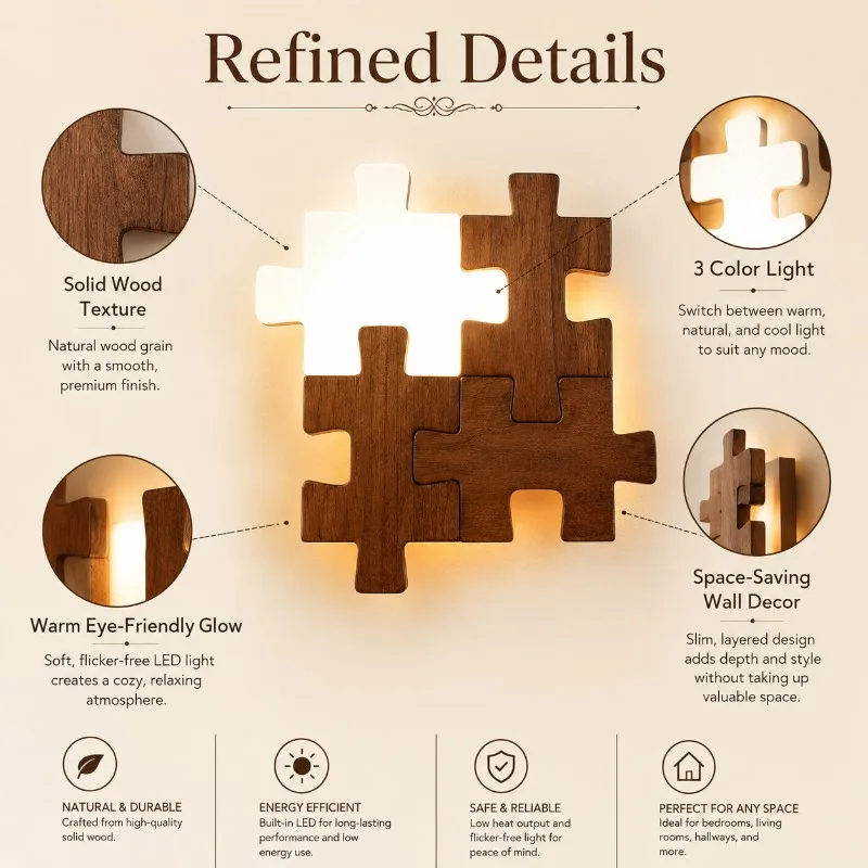 

Wood Puzzle Wall Lamp Creative LED Sconce Three Color Dimming Bedroom Bedside Corridor Stairway Aisle Decorative Indoor Light