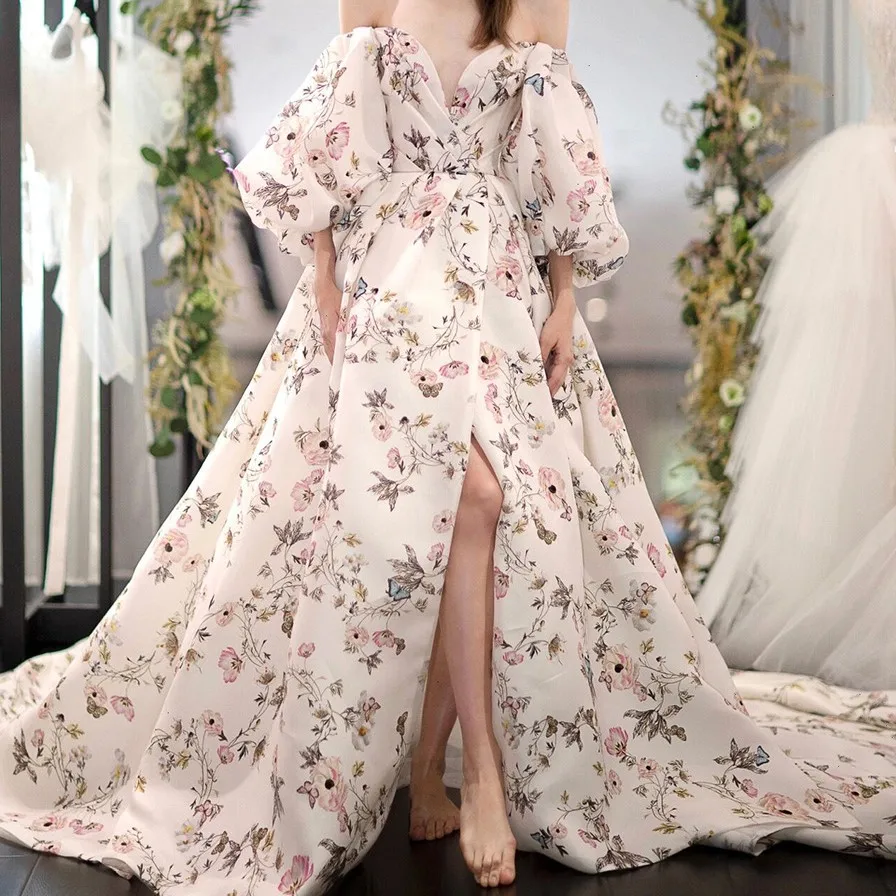 Tanya Gaun Pengantin Motif Bunga V-Neck Bahu Terbuka Lengan Bengkak Gaun Pengantin Cantik Vestidos De Noiva Menyesuaikan SWD489