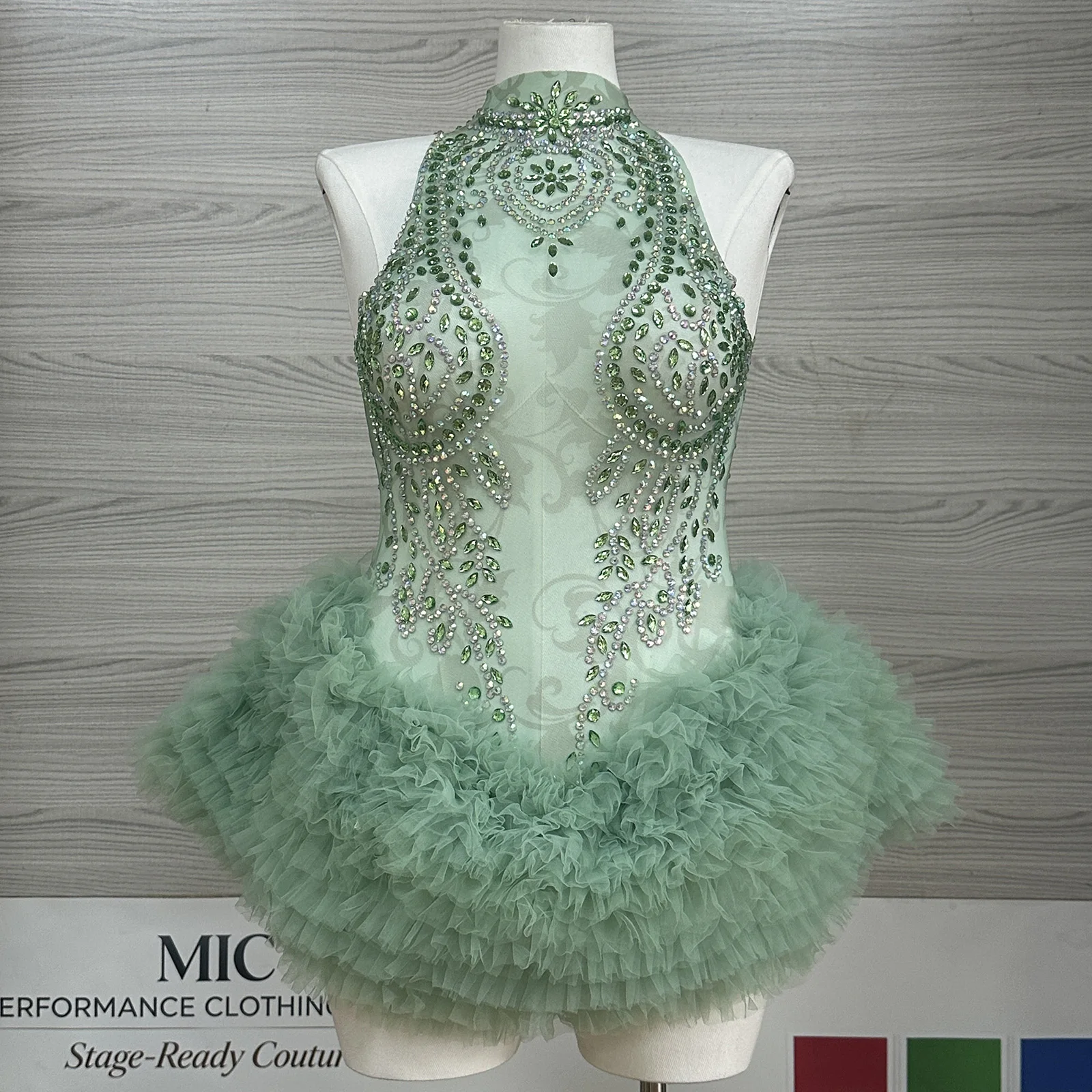 Performance Rhinestone Green Crystal Bodysuit Women Halter Sheer Mesh Tulle Layered Ruffle Stage Dance Costume