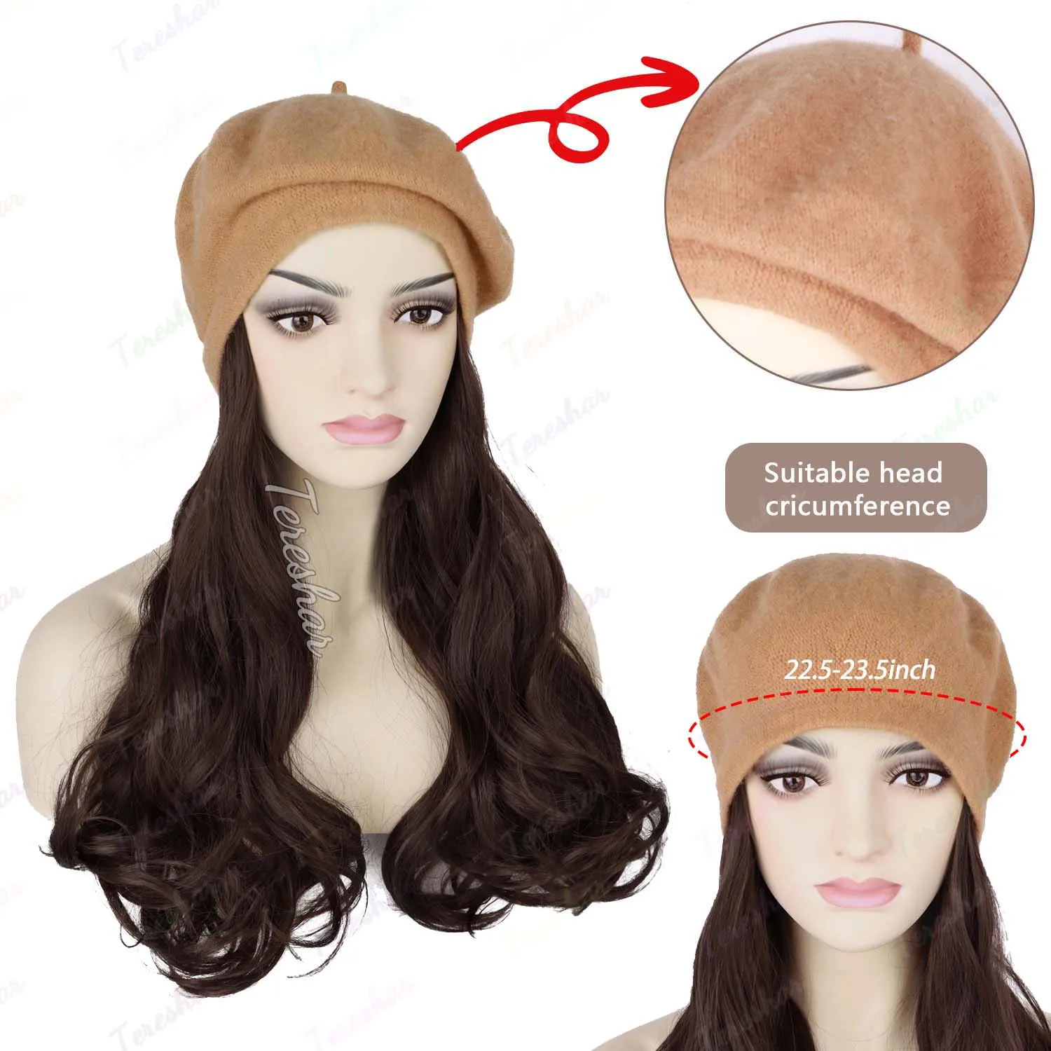 Synthetic Hat Wig Long Curly Wave Wig Black Brown Beret Wig for Women Daily Party Naturally Hat Hair Extensions Wig