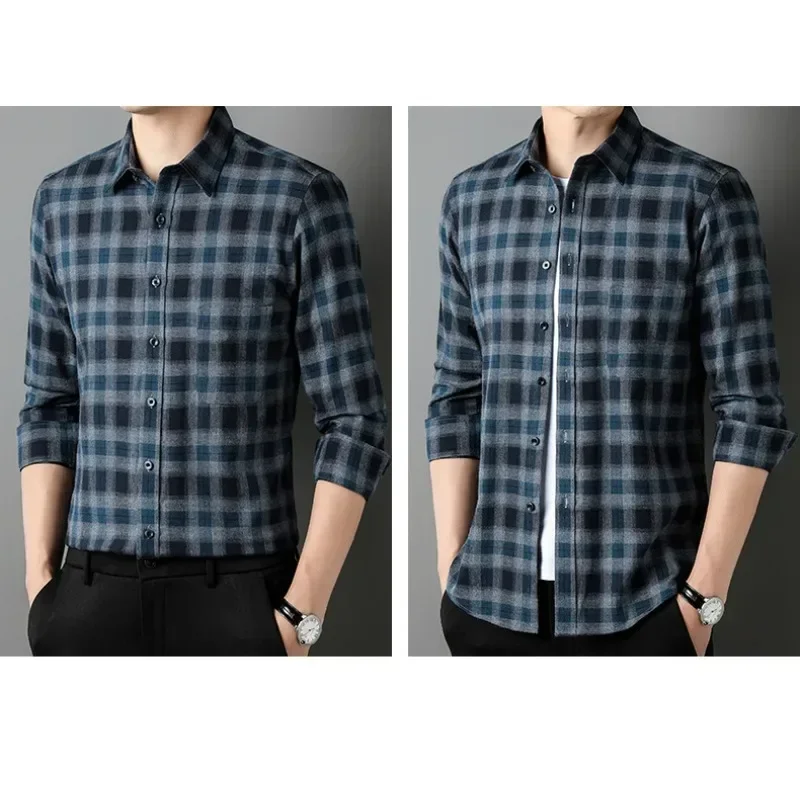 New cotton sanded plaid shirt men's spring and autumn coat casual long-sleeved middle-aged men's shirt cotton shirt