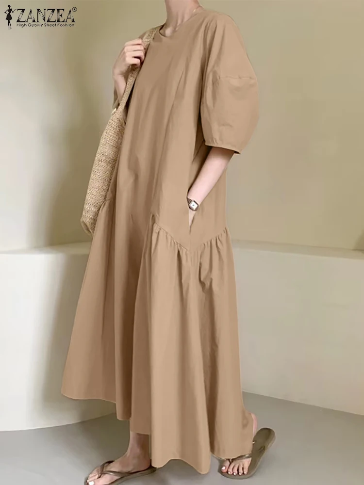 ZANZEA فساتين النساء الموضة 2025 الخريف فستان فضفاض الصلبة أنيق 3/4 فانوس كم العمل Vestidos رداء فام الصيف فستان الشمس