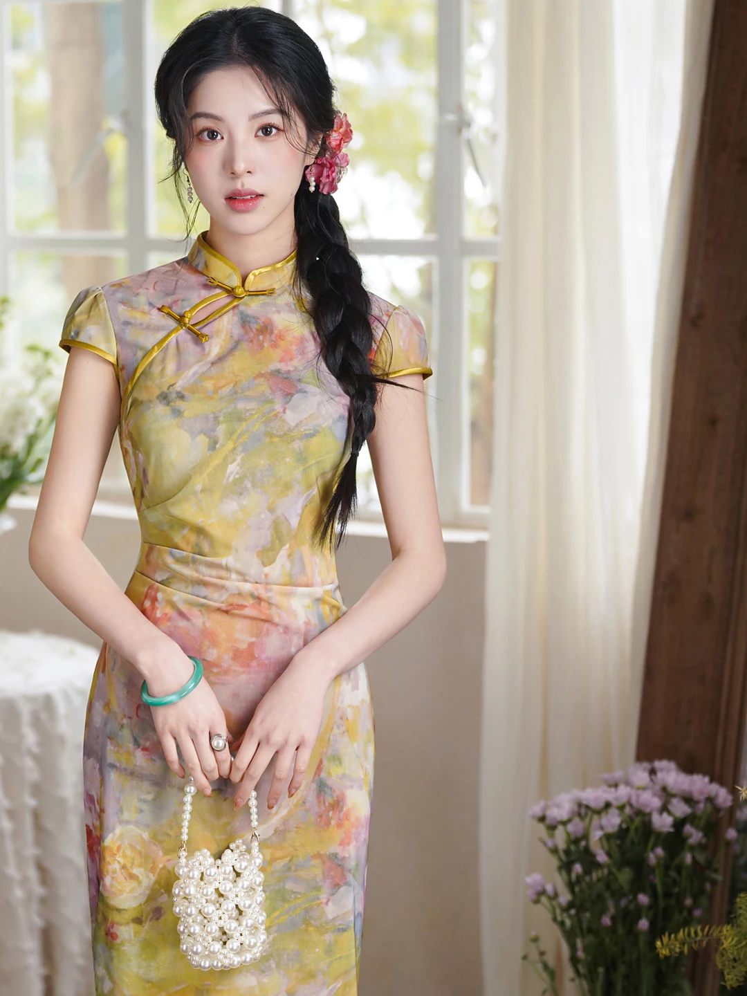 

Новое платье в китайском стиле с принтом под масляную живопись, с коротким рукавом, элегантное, для повседневной носки, в стиле Республики Китай