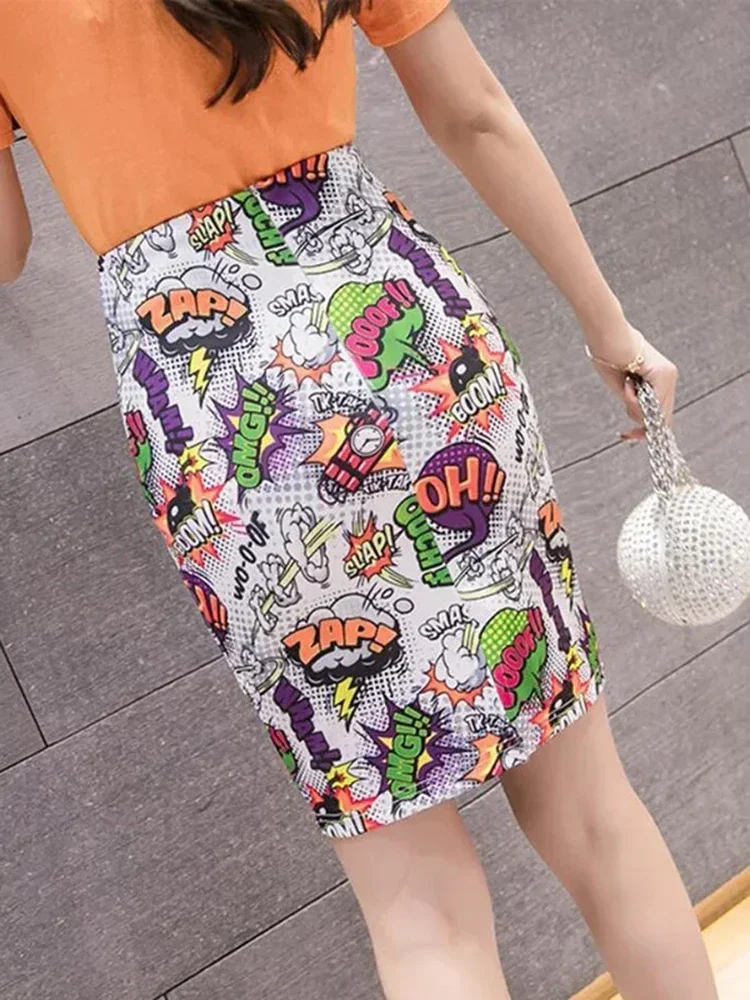 New Women\'s Pencil Skirt Cartoon Letters Print High Waist Bodycon Skirts Lady Summer Sexy Slim Female Mini Spodnica Falda SP615