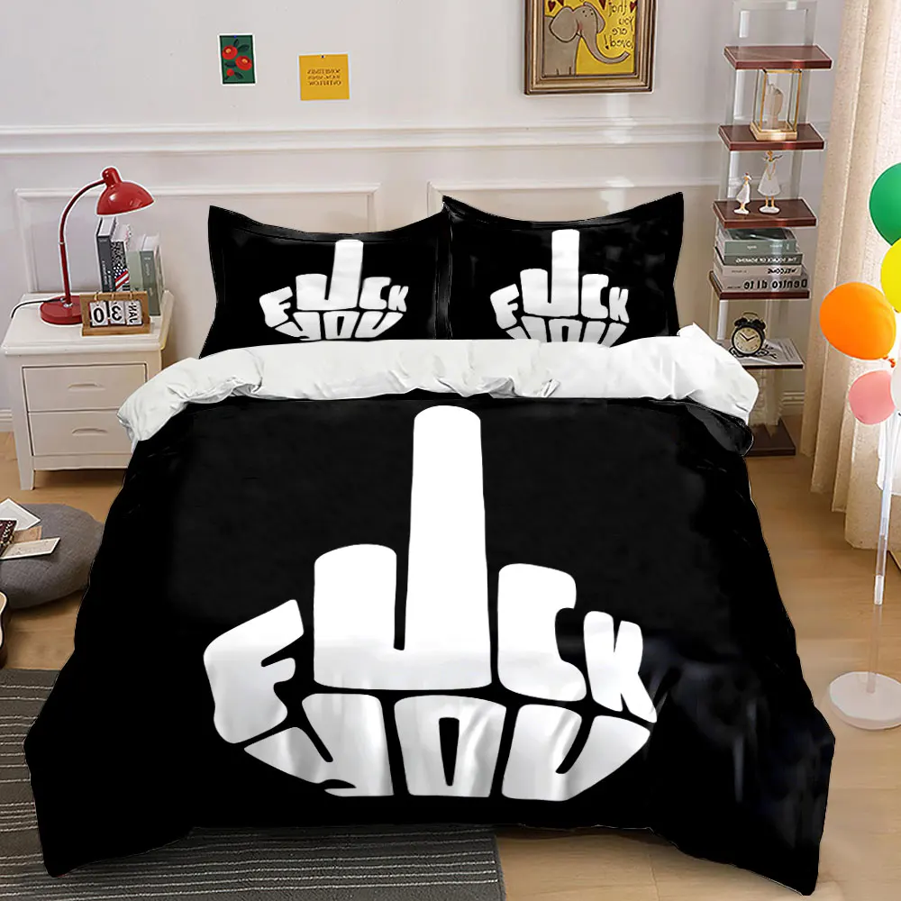 3Pcs Middle Finger Bedding Set, Hand Gesture Print Duvet Cover + 2 Pillowcases, Sassy Adult Decor