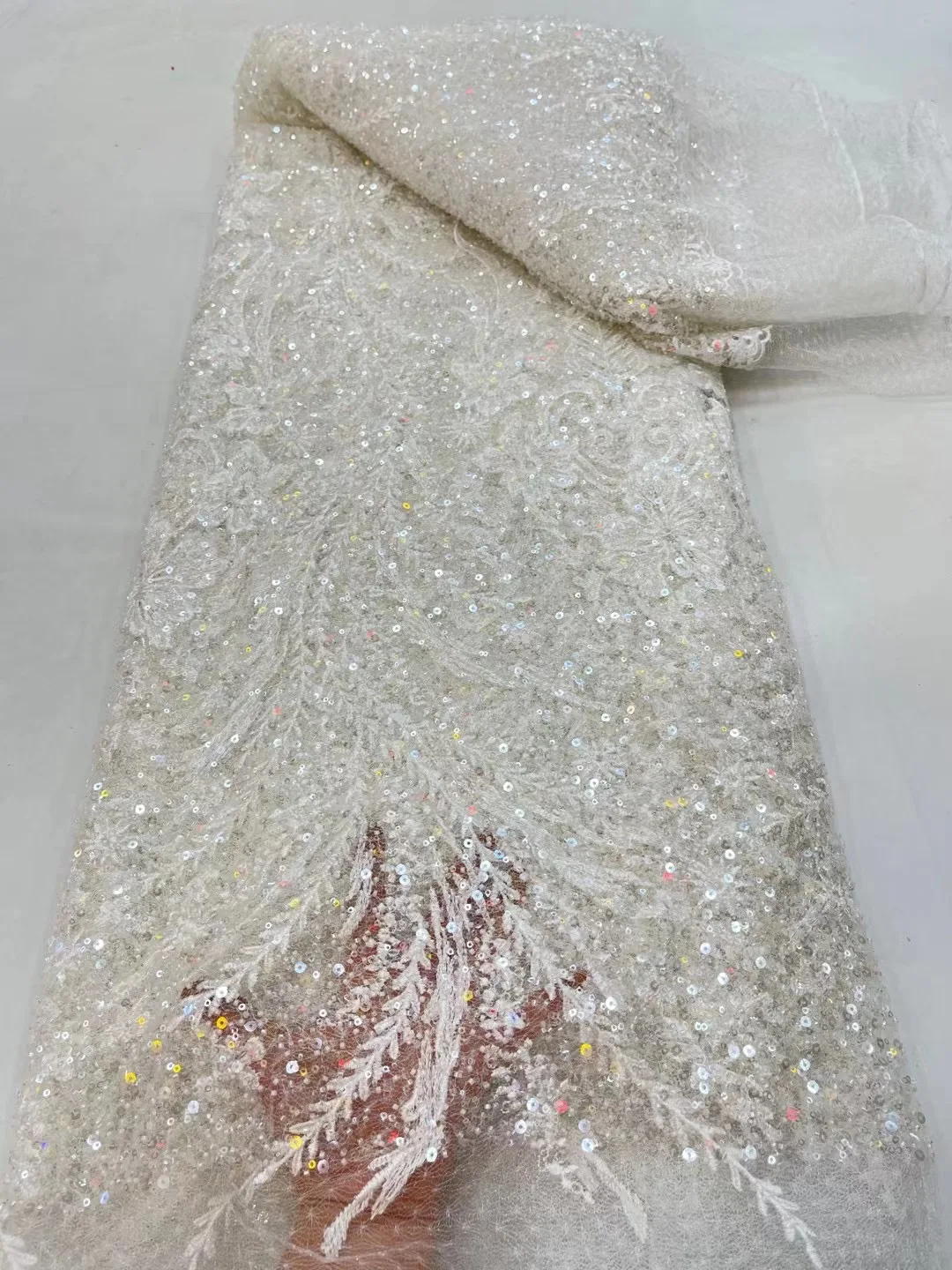 Pure White Nigerian Heavy Sequins Net Lace Fabric 2023 High Quality French Embroidered Beaded Fabric For Wedding Evening Dresses