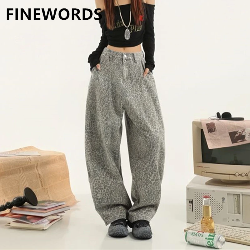 

FINEWORDS Vintage Korean Winter Leopard Printed Jeans Women Casual Harajuku Baggy Jeans Streetwear High Waist Wide Leg Jeans