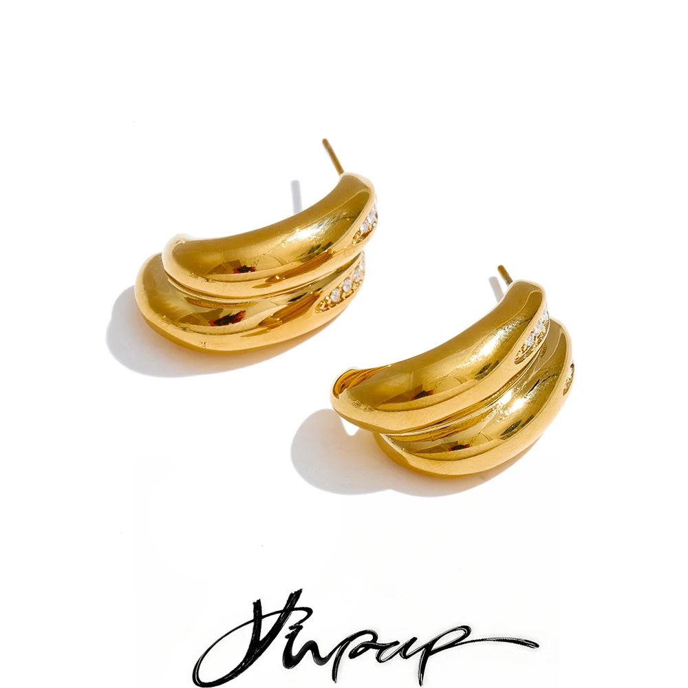 Yhpup High Quality Stainless Steel Zirconia Double-Layer C-Shape Earrings for All Occasions Geometric Daily Jewelry Gift