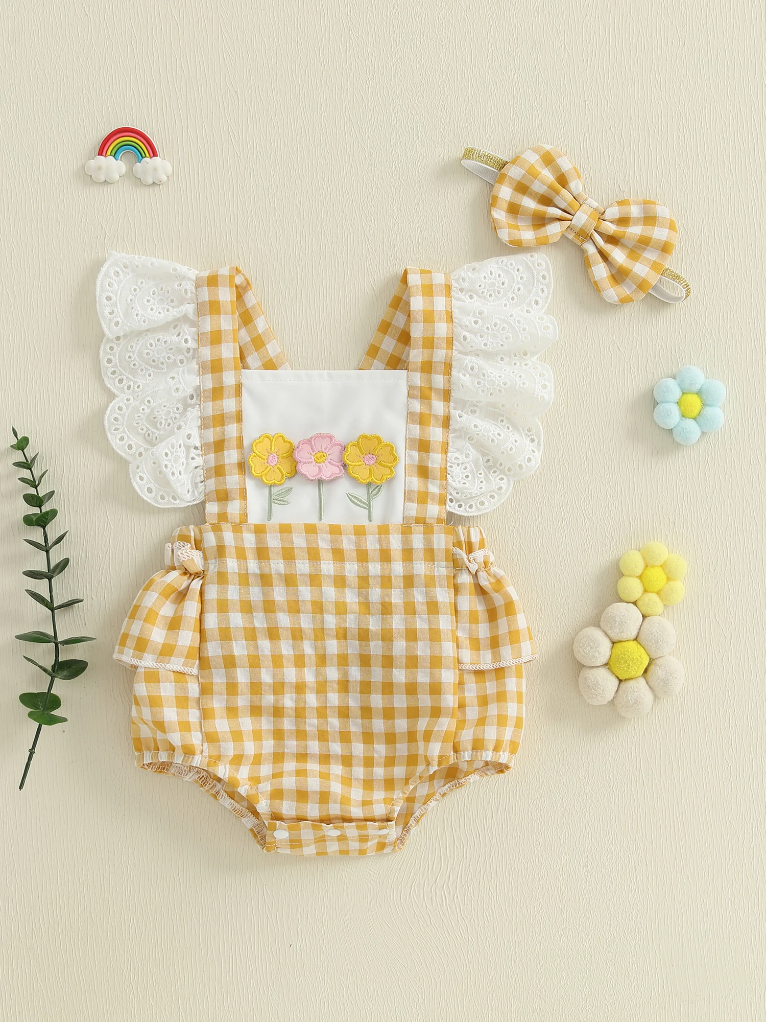 

Adorable Toddler Floral Print Sleeveless Romper with Matching Bow Headband for a Stylish Summer Look - 2 Piece Set