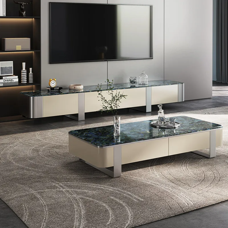 

Комбинация журнального столика и тумбы под телевизор в стиле лёгкой роскоши, креативный дизайн, мрамор, итальянский стиль, для гостиной виллы или дома.