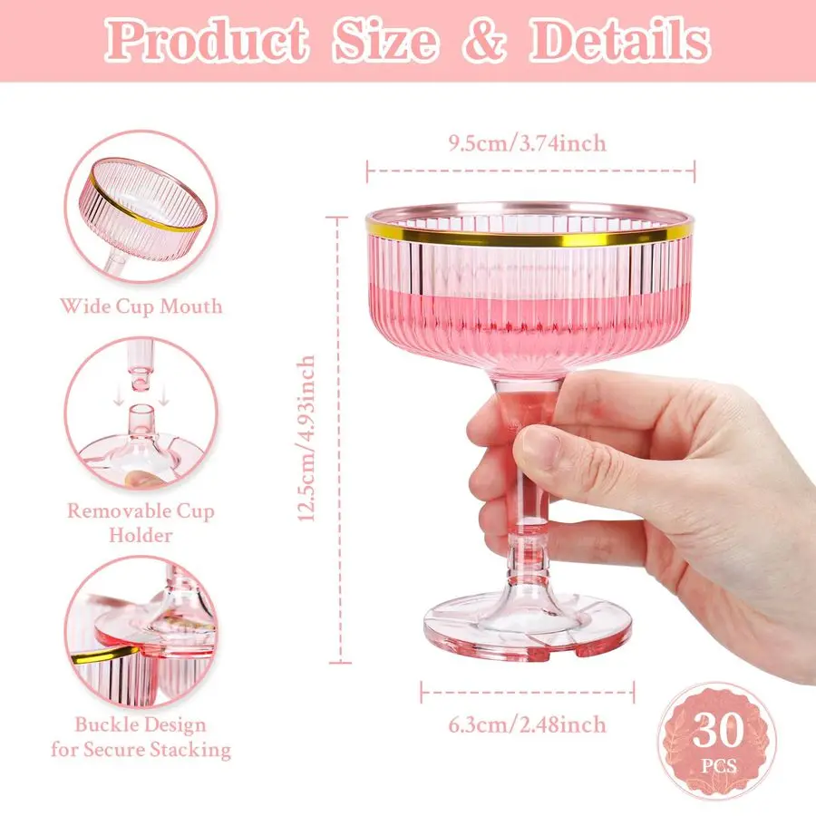 

Pack Pink Champagne Glasses Tower 7 OZ Plastic Coupe Glasses With Gold Rim Stackable Martini Glasses Champagne Coupe Glass Stemm