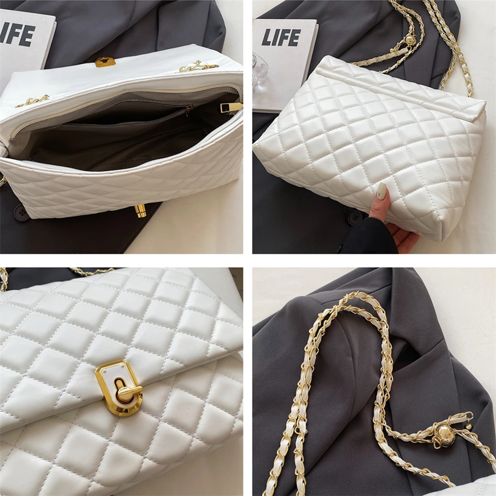 Hifashion Quilted PU Leather Double Chain Shoulder Bags For Women 2024 Trend Designer Crossbody Flap Ladies Handbags And Purses