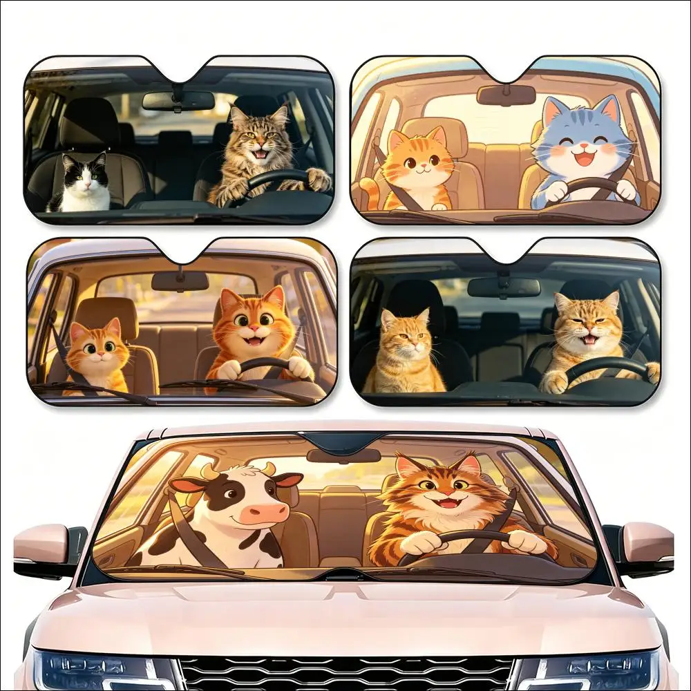Kitten driving a car Sun Visor Car Windshield Sunshade | Reusable Aluminum Foil UV Heat Insulation Sun Visor Cover