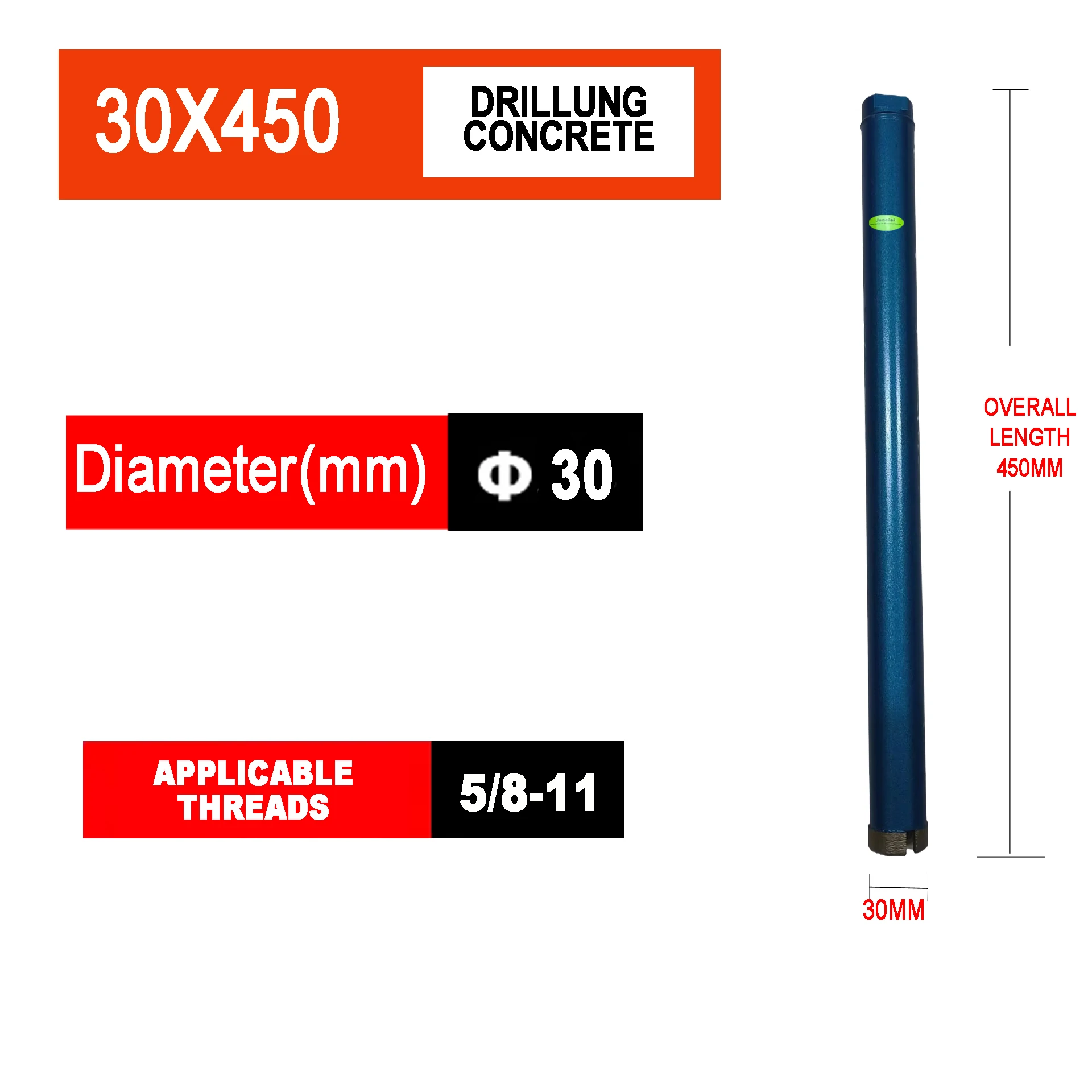 

Janelai 30mm Diameter Wet Diamond Core Drill Bits 1-1/4 Thread 450mm Concrete Core Drill Bit Core Bit Turbo