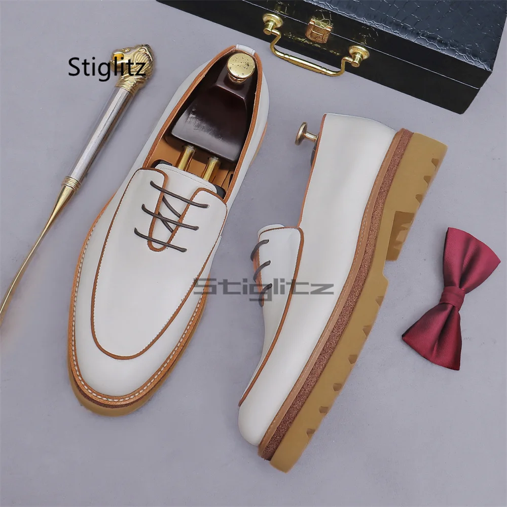 

Thick Soled Lace Up Leather Shoes for Men British Style White Real Cowhide Business Dress Shoes Classic Groom Wedding Shoes