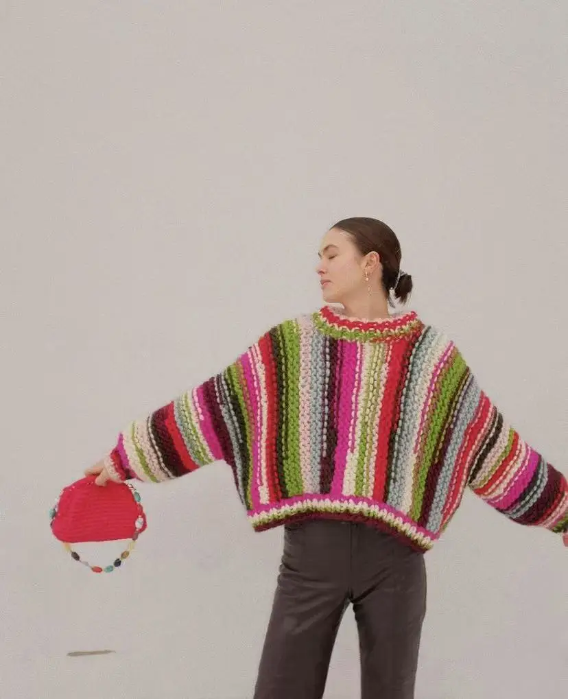 Round neck thick wool striped bright color loose hand woven pullover sweater, soft and warm pure wool top, comfortable sweater