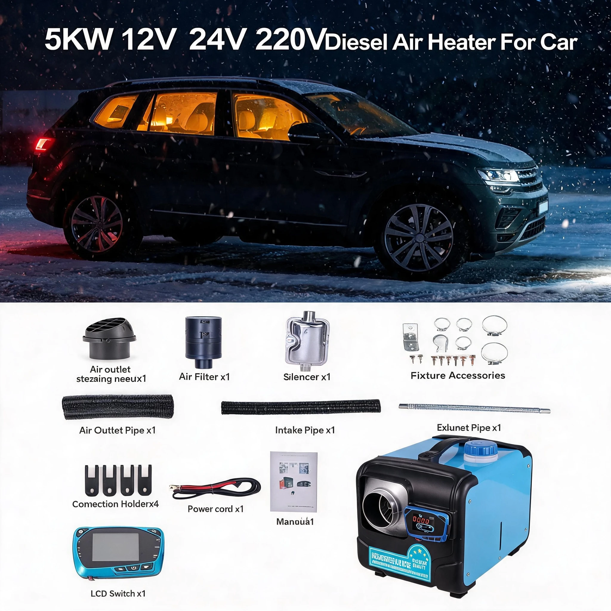 3 in 1 Multi Voltage 5KW Diesel Air Parking Heater 12V24V220V Fast Heating Defrost LCD Remote for RV Truck Van Boat Snow Area