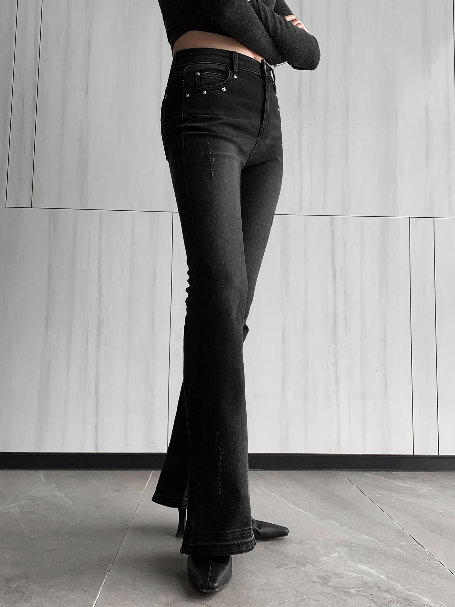 BLACK MICRO-FLARE PANTS FOR WOMEN Y2K FASHION NEW HIP-LIFT HIGH-WAISTED SLIM CASUAL FULL LENGTH JEANS - FORGUNROSES