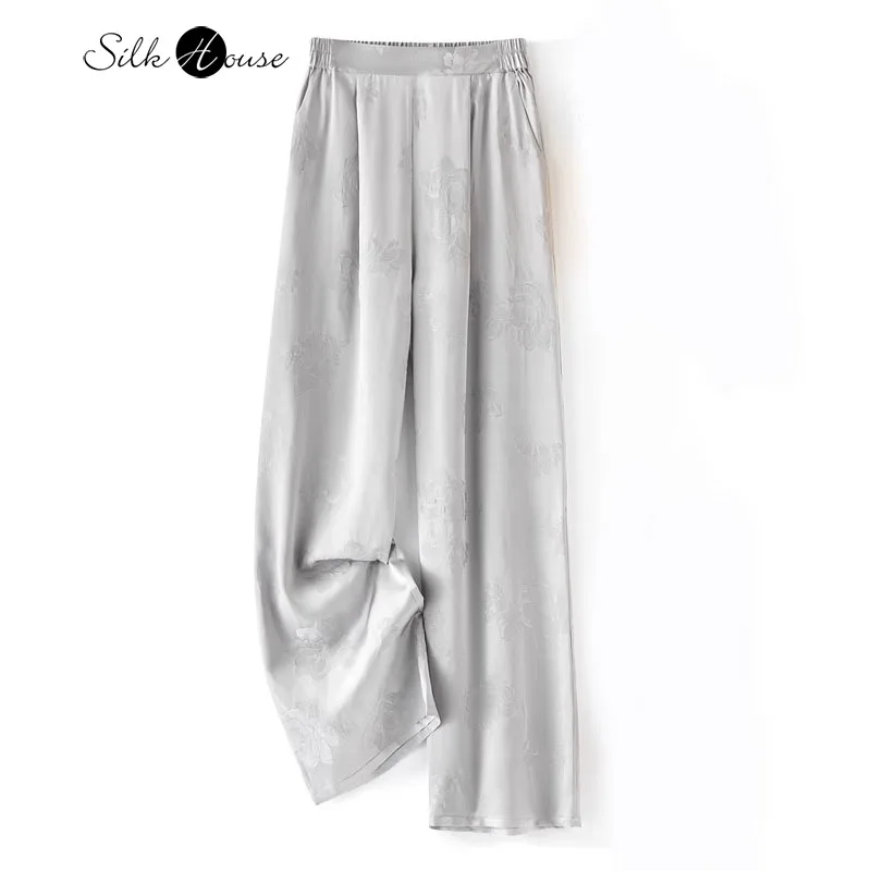 

30MM Heavy Weight 100% Natural Mulberry Silk Jacquard HuaLuo Women's Elastic Waist Loose Silver Gray Straight Tube Drop Pants