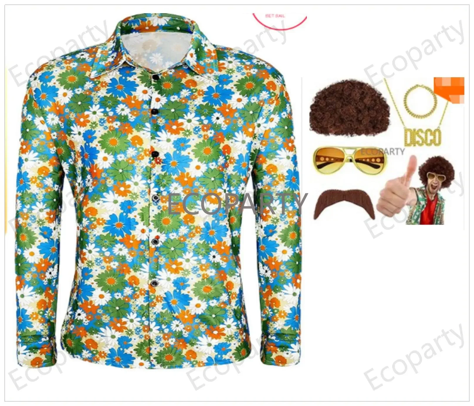 80S 70 Er Disco Hippie Funky Style Wholesale Custom Green Long Sleeve Plus 100% Cotton Flower Print Men Shirts Men Dress Shirt