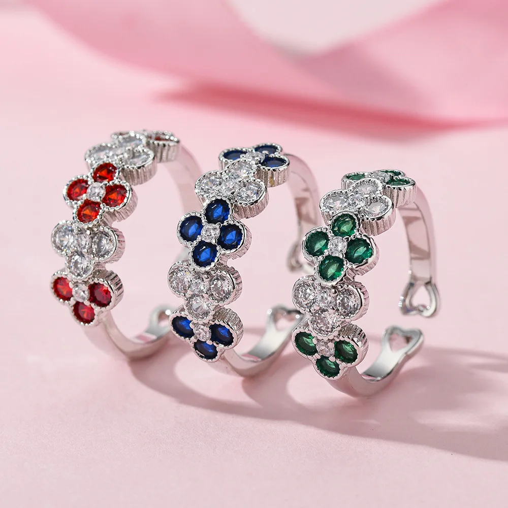 

Four Leaf Clover Ring Real Gold Plated Sparkling Cubic Zirconia Open Adjustable Boho Chic Stackable Ring for Girls Birthday Gift