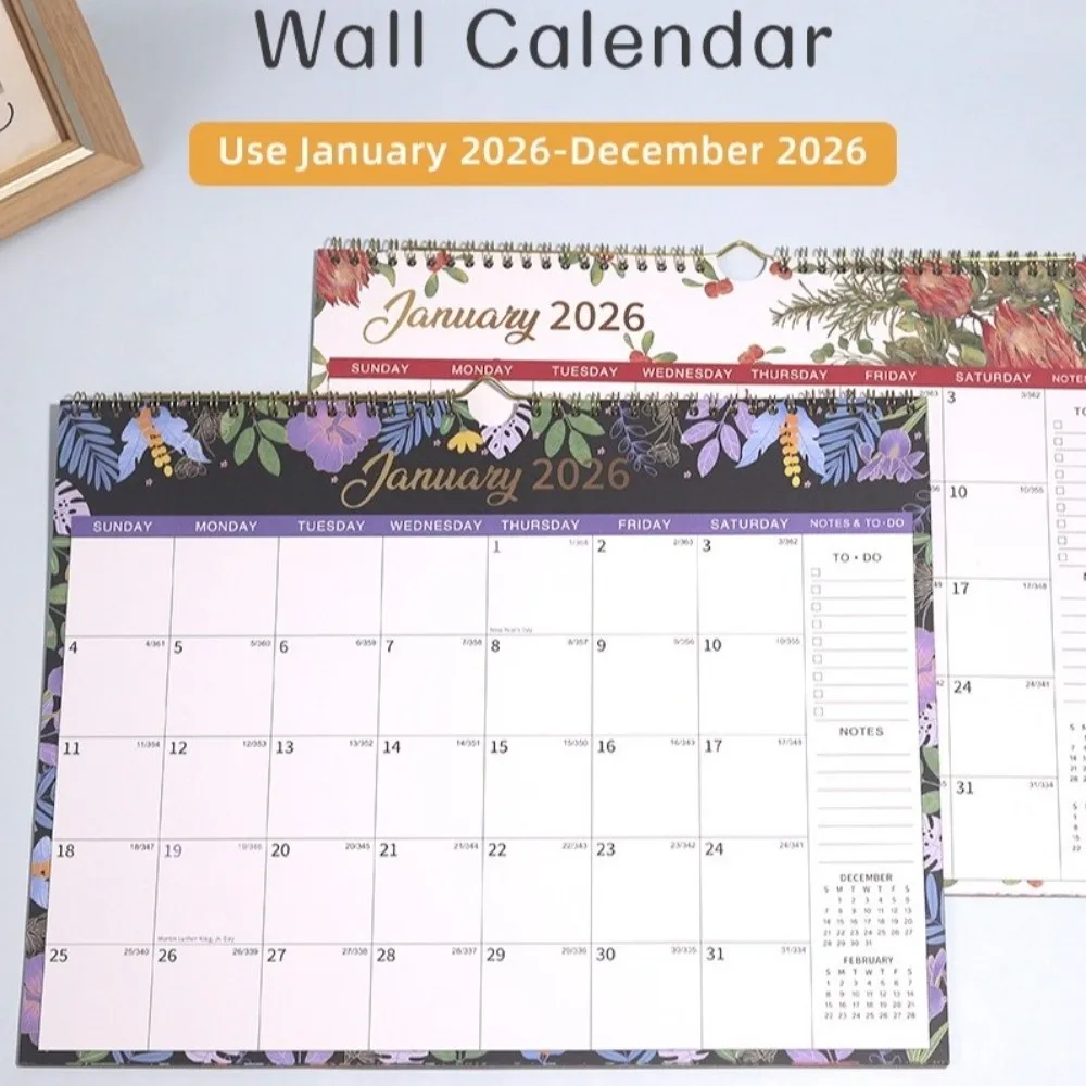 New 2026 Jan.- Dec. Wall Calendar 12-Month Spiral Binding Monthly Calendar Flower Pattern Wall Mount Wall Planner Office Use
