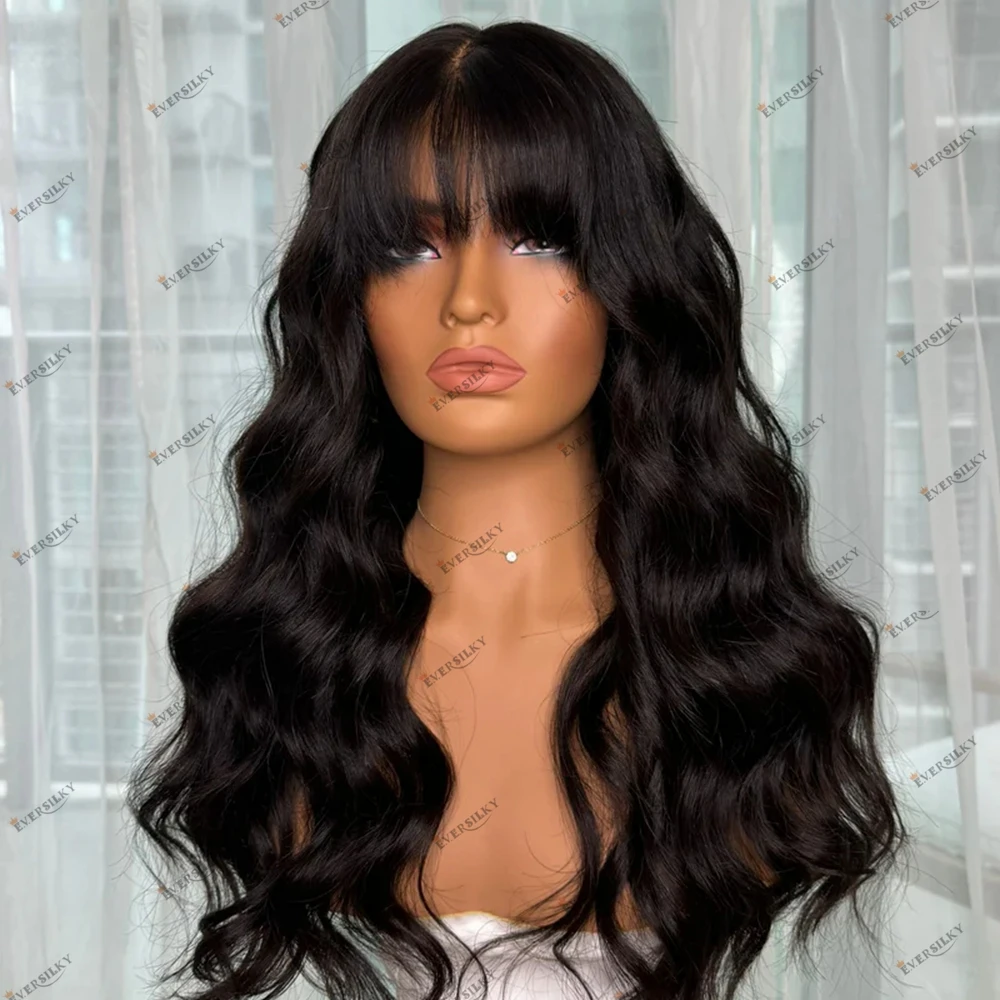

Body Wave Black Human Hair Lace Front Wigs with Bangs Natural Black Remy Brazilian Hair Full Lace Wigs 360 Lace Frontal Wigs