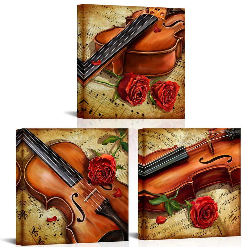 

3 Pieces Rose and Violin Poster Wall Art Abstract Flowers Print Canvas Painting Modern Style Picture Living Room Home Decor