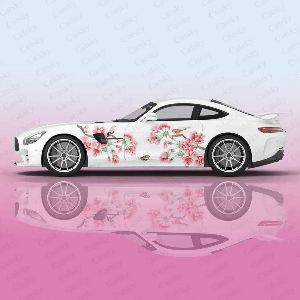 Pink Peach Blossoms and Birds Car Wrap Protect Sticker Car Decal Sticker Car Body Appearance Modification Decorative Sticker