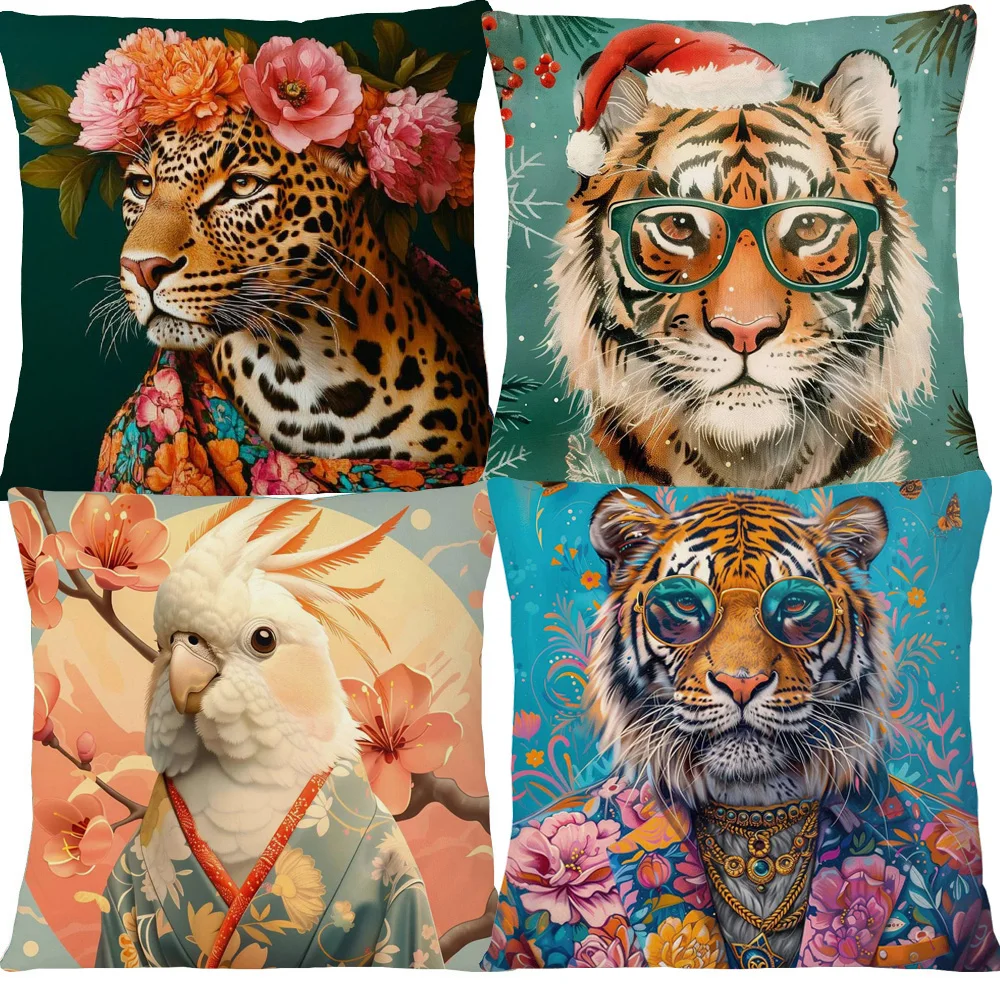 European Tiger Leopard Lion with Glasses Fashion Animals Giraffe Parrot Painting Cushion Covers Decorative Pillowcase